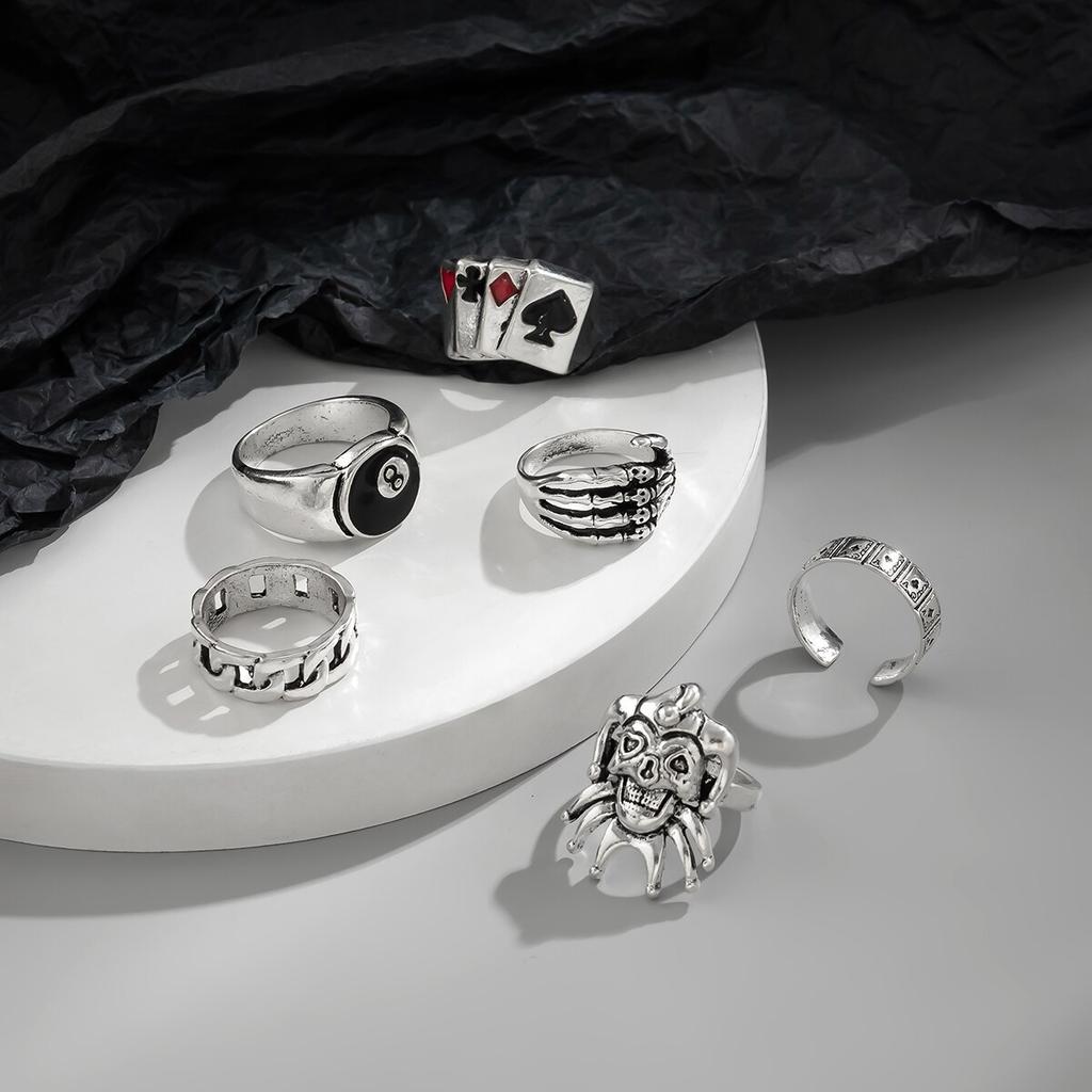 Hip Hop Vintage Skull Ghost Claw Poker Clown Ring Set for Women Hollow Geometric Size 8 Jewelry Steampunk Men