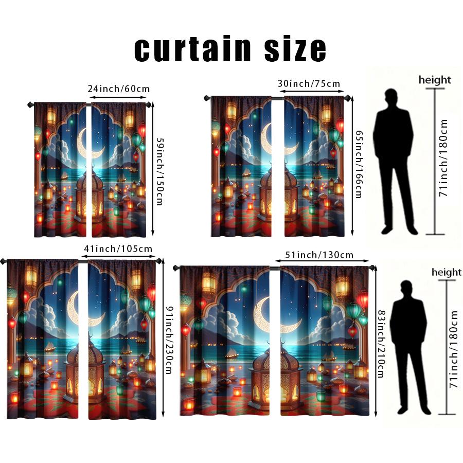 2pcs Festive Lantern & Crescent Night Scene Curtains, Ideal for Ramadan/Eid Window Decor,Rod Pocket Curtains