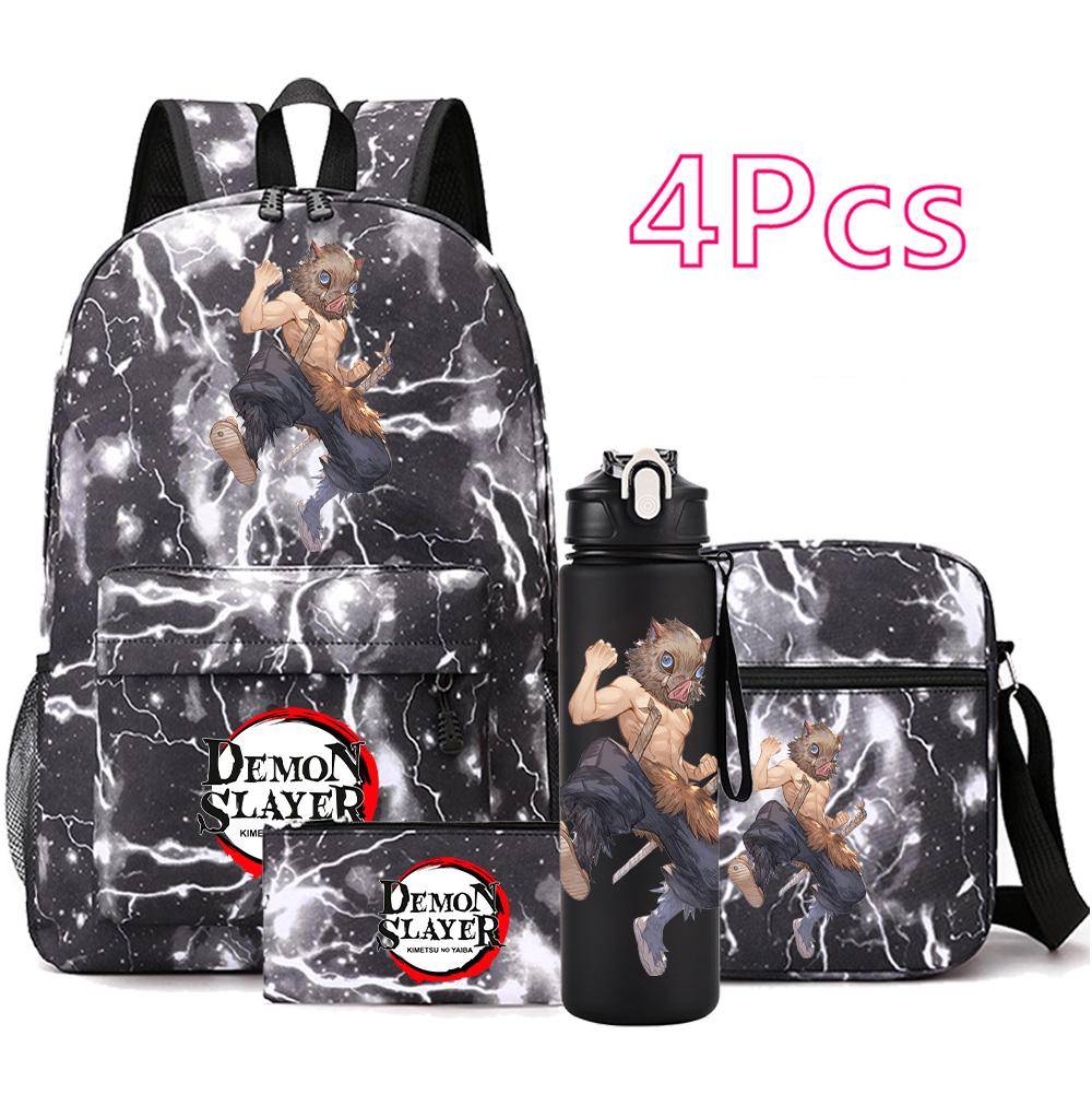 4 Pezzi/set Zaino Stampato Anime Demon Slayer con Borraccia da 750 ml per Adolescente Studente Ragazza Ragazzo Grande Capacità Impermeabile Borsa per Libri Regalo