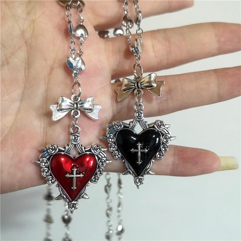 Gothic Punk Y2K Red And Black Heart Pendant Love Chian Necklace For Women Men Grunge Charm Halloween Cosplay Jewelry Accessories