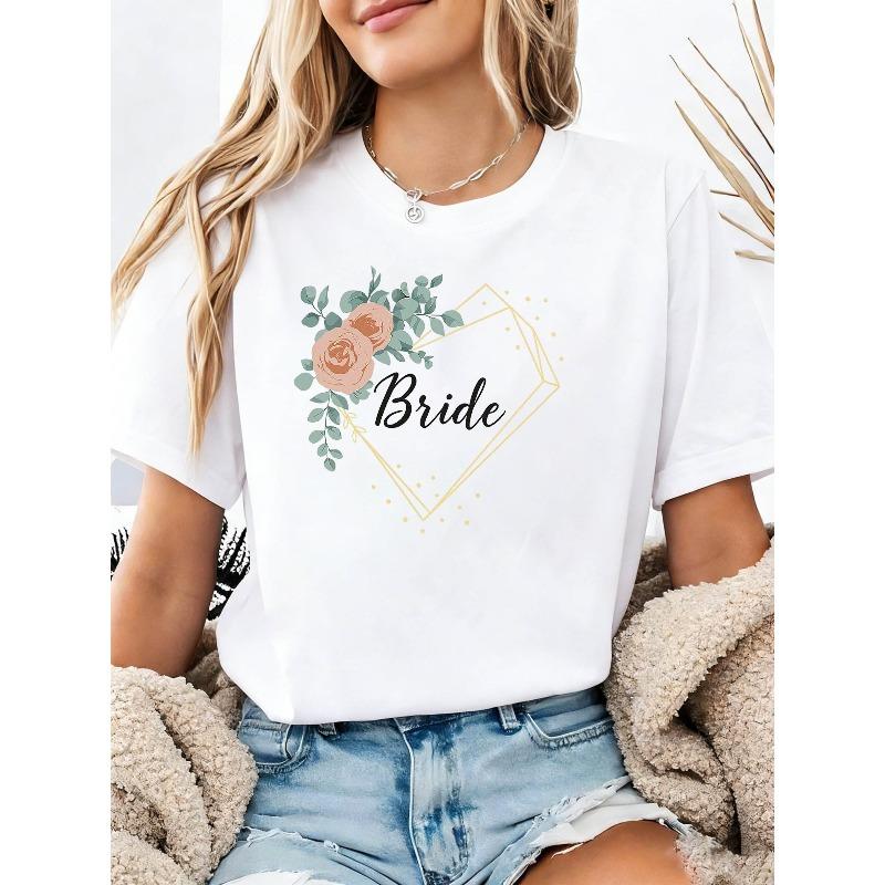 Romantic Style for Newlyweds, Elegant Bride, Floral Geometric Heart Pattern Printed Women'S Round Neck Short-Sleeve T-Shirt, Suitable f