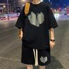 2Pcs/Set Men Summer Outfit Round Neck Short Sleeve Tops Wide Leg Shorts Set Heart Pattern Loose Fit Tracksuit
