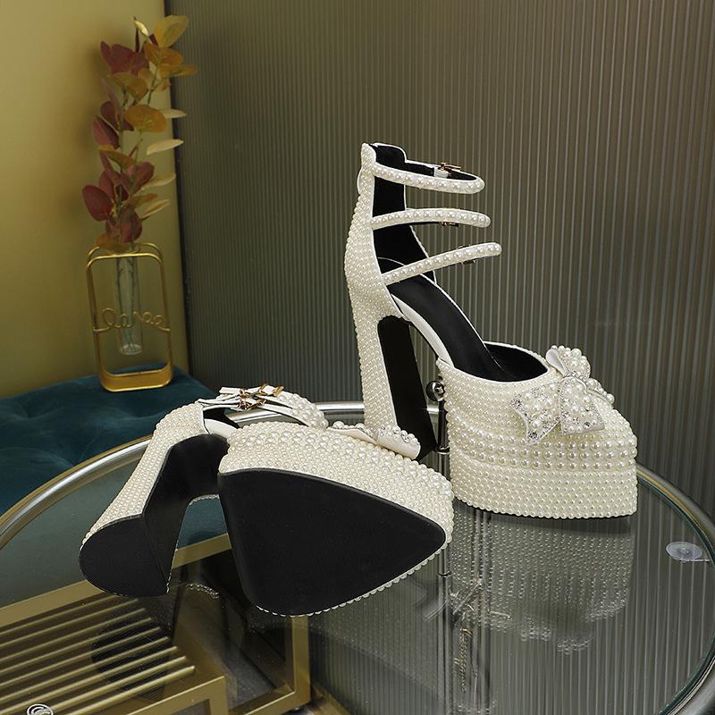 Fashion Luxury Handmade Full Pearls Rhinestones Bowknot Women Pumps Fashion Ankle Strap Platform Wedges High heels Banquet Wedding Shoes