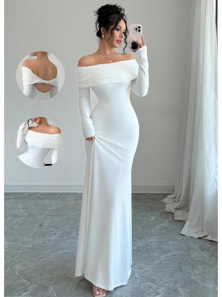 Elegant Women's Off-the-Shoulder Cross Backless Evening Gown