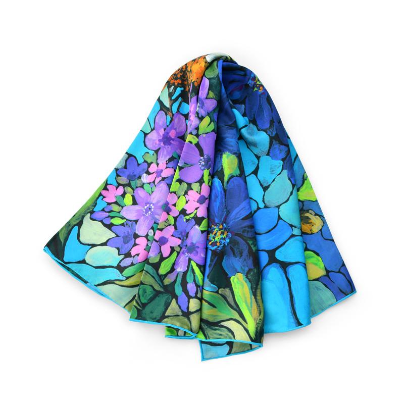 

Bluish violet flower birds oil painting scarves women 100% natural silk twill 90*90 square scarf ladies bandana luxury hijab