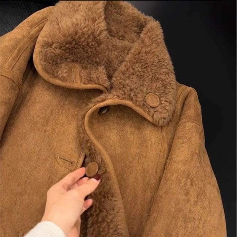 Damen Kunstpelzjacke Kaffeefarben Kleiner Duftiger Stil Lammwolljacke Retro Lässig Winter Warmer Mantel