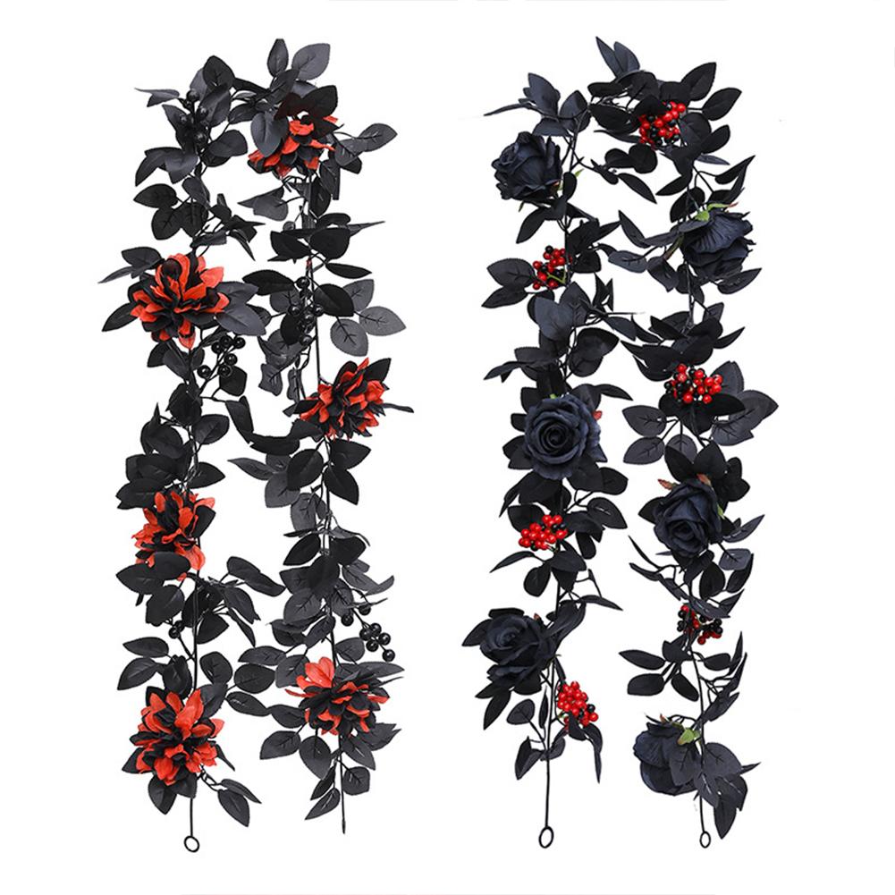Artificial Black Rose Vine Lifelike Simulated Rattan Fake Leaves Gothic Halloween Garland Home Party Scene Halloween Decorations