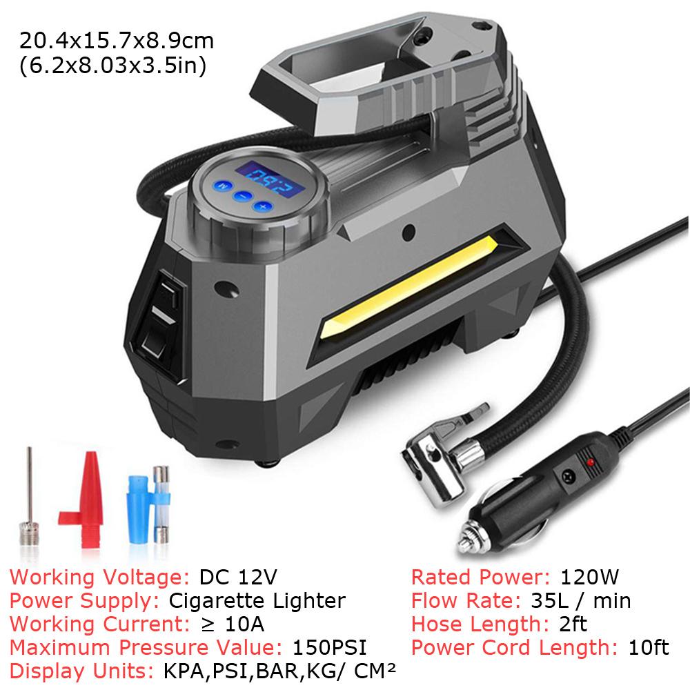 Portable Air Compressor Tire Inflator Bright Emergency Flashlight For Travel Boat Car Tire Pump Pressure Gauge (150 Psi 12V DC)