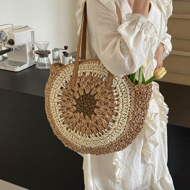 Large Capacity Round Women Fashion Straw Woven Shoulder Bag with Zipper Handmade Summer Beach Travel Holiday Women Tote Bags