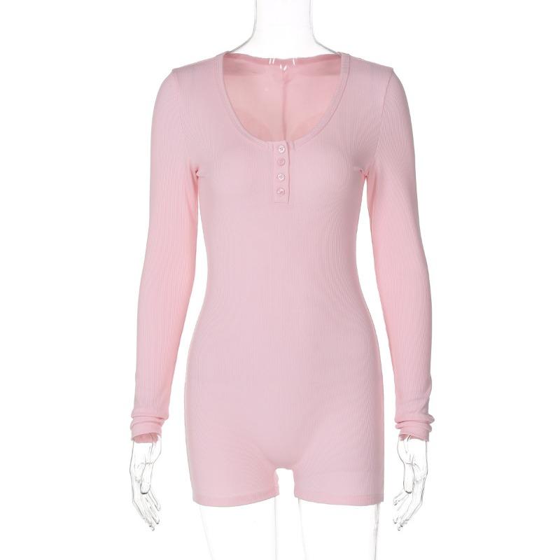 European American Style Ribbed Solid Color U Neck Buttoned Tight Sports Yoga One Piece Jumpsuit