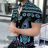 Women Short Sleeve Shirt Purple Blue Paisley Floral Ethnic Print Lapel Button Up Top