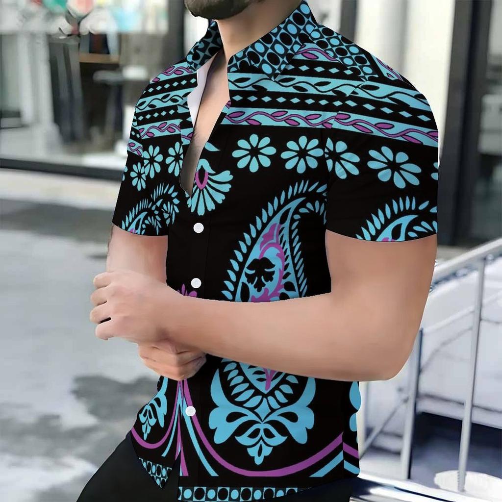 Women Short Sleeve Shirt Purple Blue Paisley Floral Ethnic Print Lapel Button Up Top