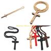 F26C Catholic for Cross Necklace with Wooden Beads Rosary Religious Wear Jesus Carved Crucifix Pendant Chain Christian Prayer