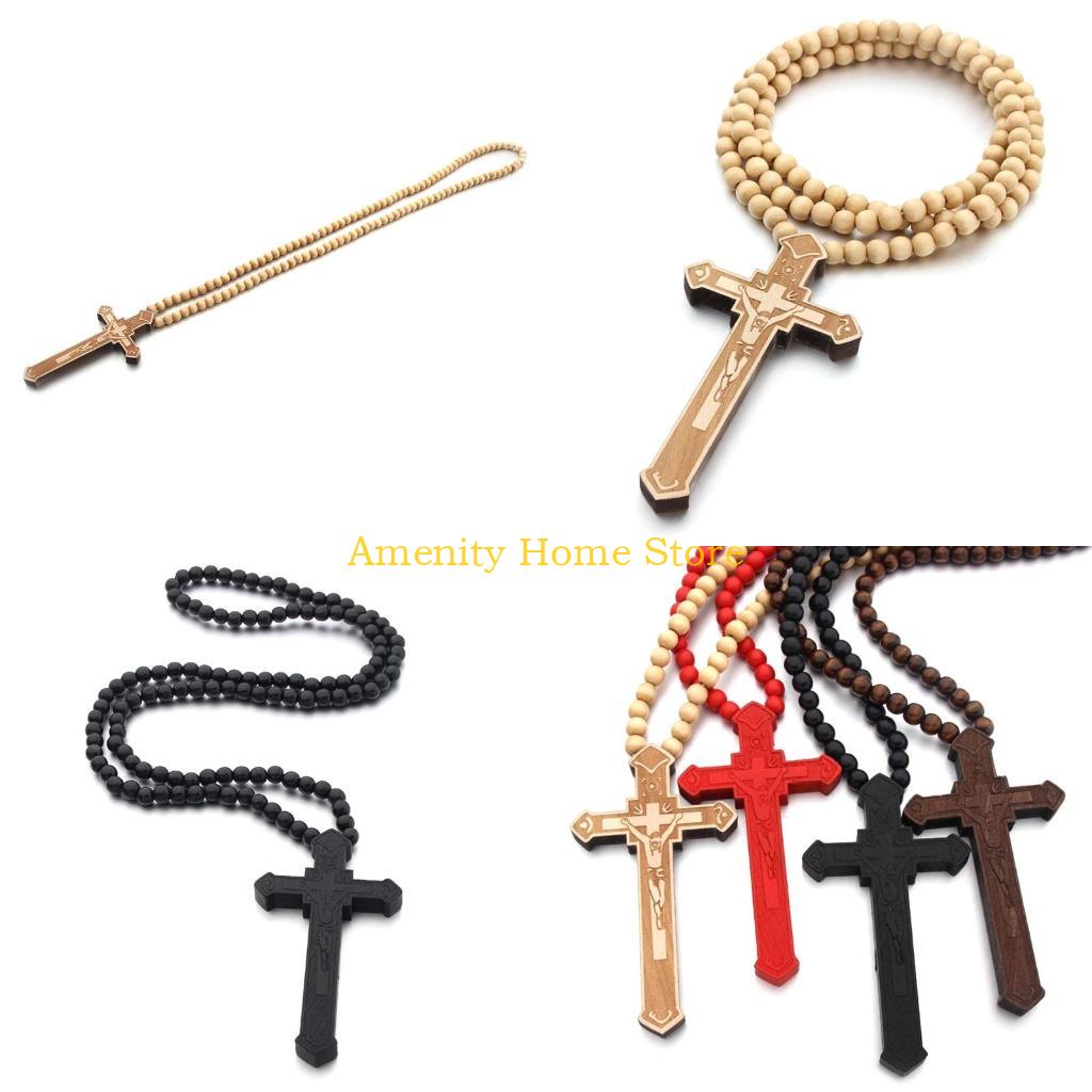 F26C Catholic for Cross Necklace with Wooden Beads Rosary Religious Wear Jesus Carved Crucifix Pendant Chain Christian Prayer