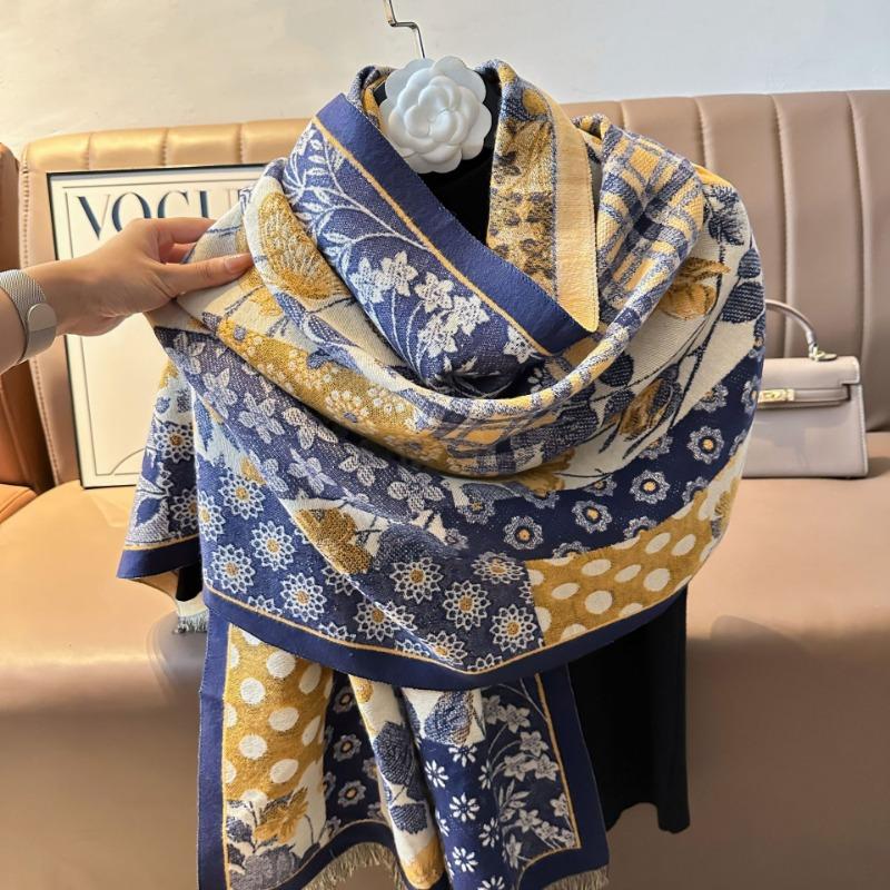 Autumn and winter new imitation cashmere scarf thickened and lengthened flower scarf retro shawl dual-purpose outer fit