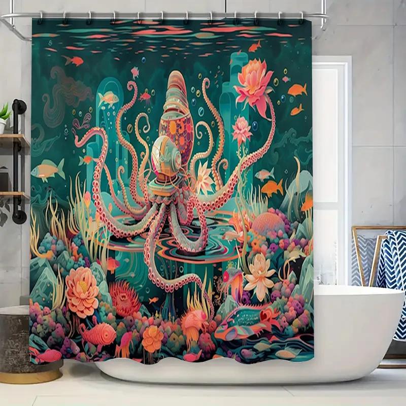 

Vibrant Octopus Bath Curtain 3D Printed Waterproof Fabric Shower Curtain With Underwater World Theme In Teal Blue Color For Bath W60H190(CM)-1 Pcs