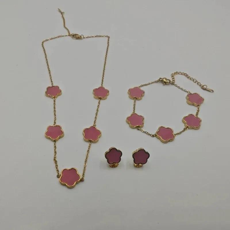 316L Stainless Steel Five Leaf Clover Pattern Bracelet Necklace Earrings Jewelry Set Classic for Women Trend Party Charm Gifts