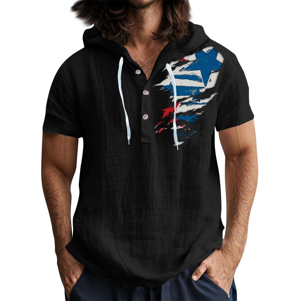 Pánské ležérní tričko s krátkým rukávem a kapucí, s rozhalenkou na knoflíky