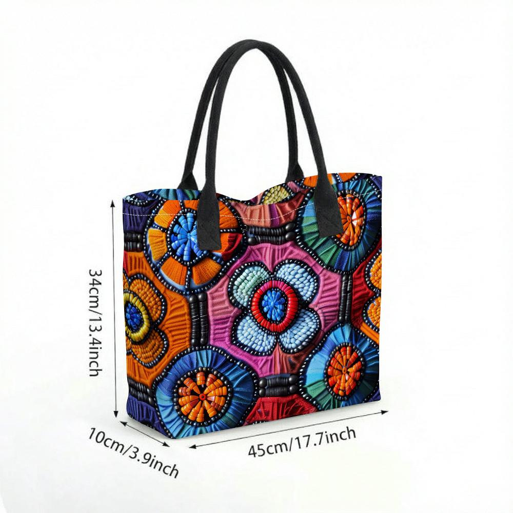 Colorful Beaded Pattern Tote Bag Bohemian Floral Print Handbag Ethnic Style Shoulder Tote Purse Vibrant Boho Daily Carry Bag Tribal Pattern Casual To