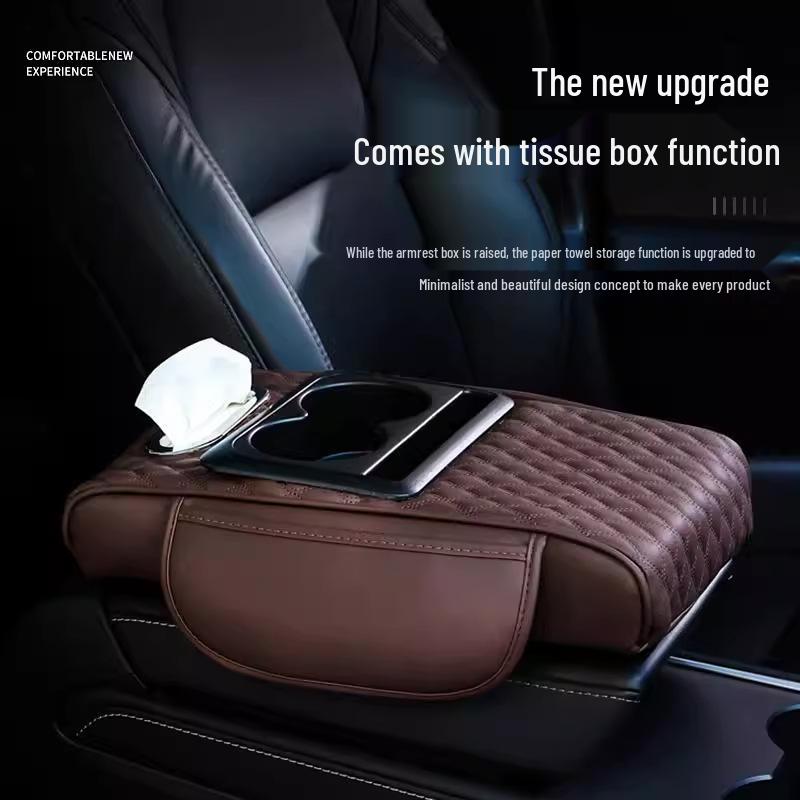 

Car Armrest Tissue and Storage Box with Cup Holder Multifunction 5-in-1 [Wine Red]