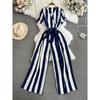 Fashion Celebrity Short Sleeve V-Neck Striped Dress Pants Casual High Waist Skinny Straight Wide Pants Jumpsuit
