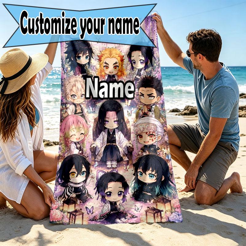 Personalisierbares Strandtuch mit Demon Slayer Aufdruck und individuellem Namen, für Reise, Camping, Strandparty, Heimdekoration, Geburtstagsgeschenk für Familie & Freunde