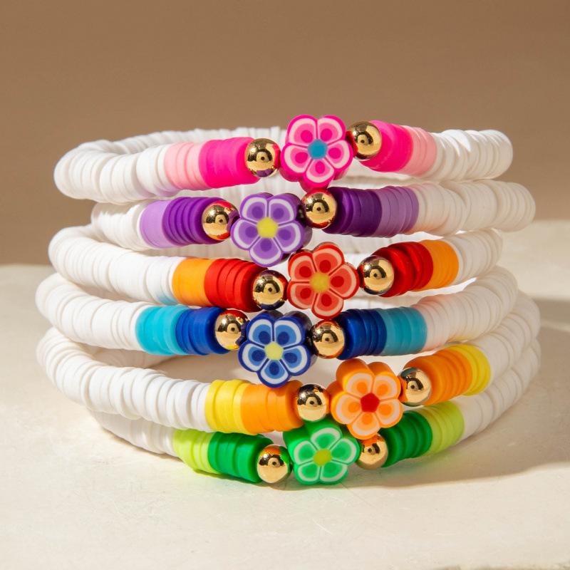 Accessories, Bohemian Holiday Flower Bracelet, Sweet Macaron Elastic Soft Pottery Beaded Bracelet