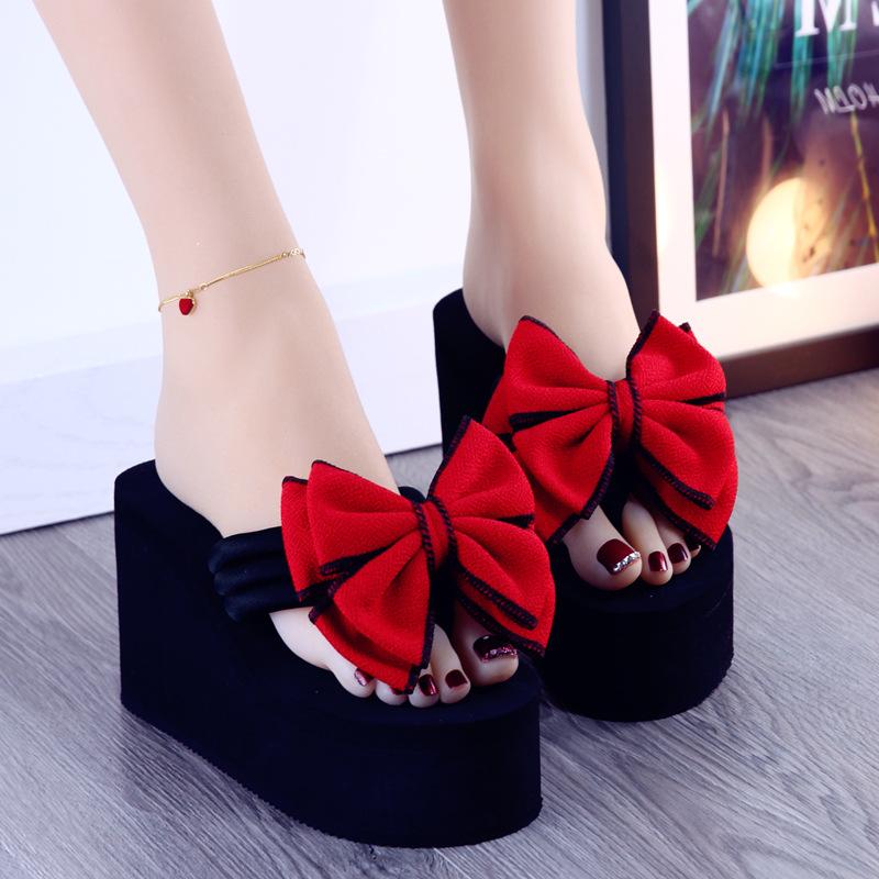 2025 new daily wedges platform slippers woman bow flip-flops lovely butterfly-knot slides female vacation beach flipflops