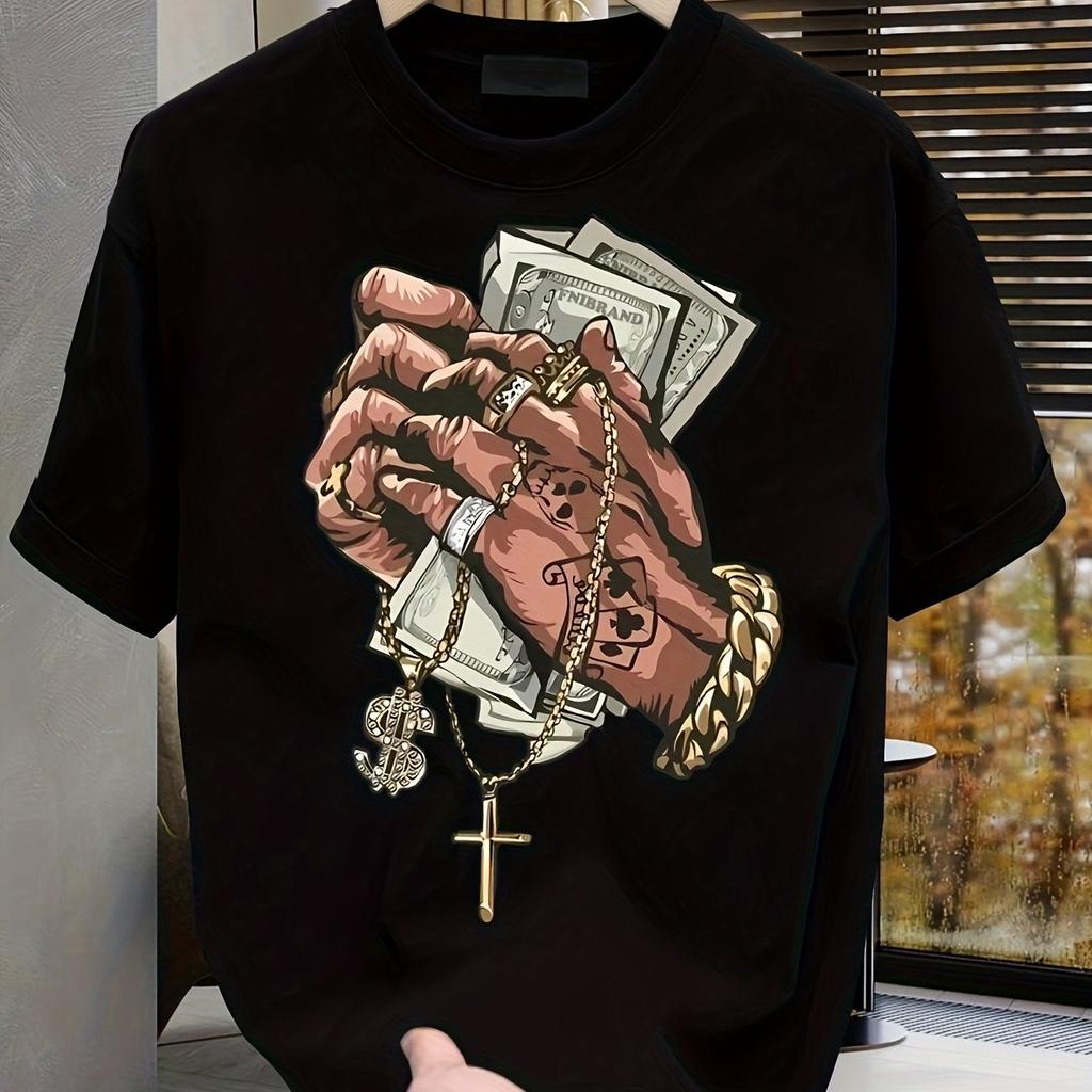 Men's Summer 100% Pure Cotton Money and Cross Graphic Print Fashionable Casual Sports Loose Round Neck Short Sleeved T-shirt