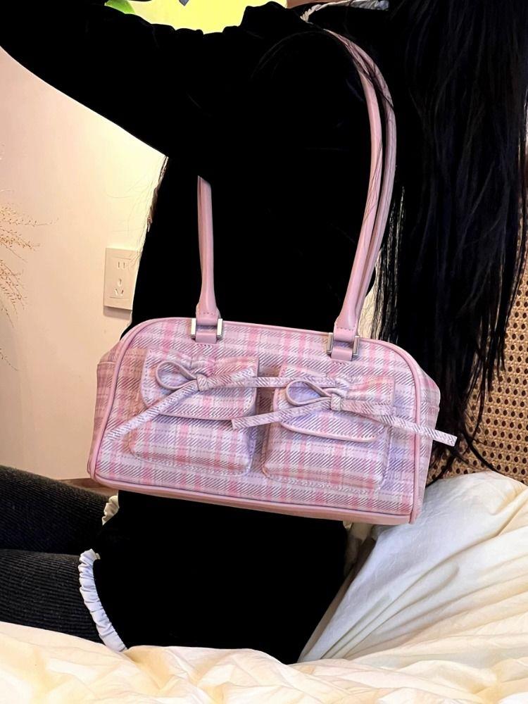 

JIAERDI Plaid Pink Bow Handbag Purse Women Hot Girls Large Capacity Bowling Bag Ladies Harajuku Underarm Bag Bolsos Aesthetic розовый