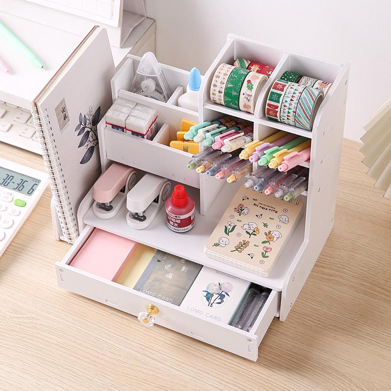 Large Capacity Wooden Desktop Organizer with Angled Pen Holder and Drawer