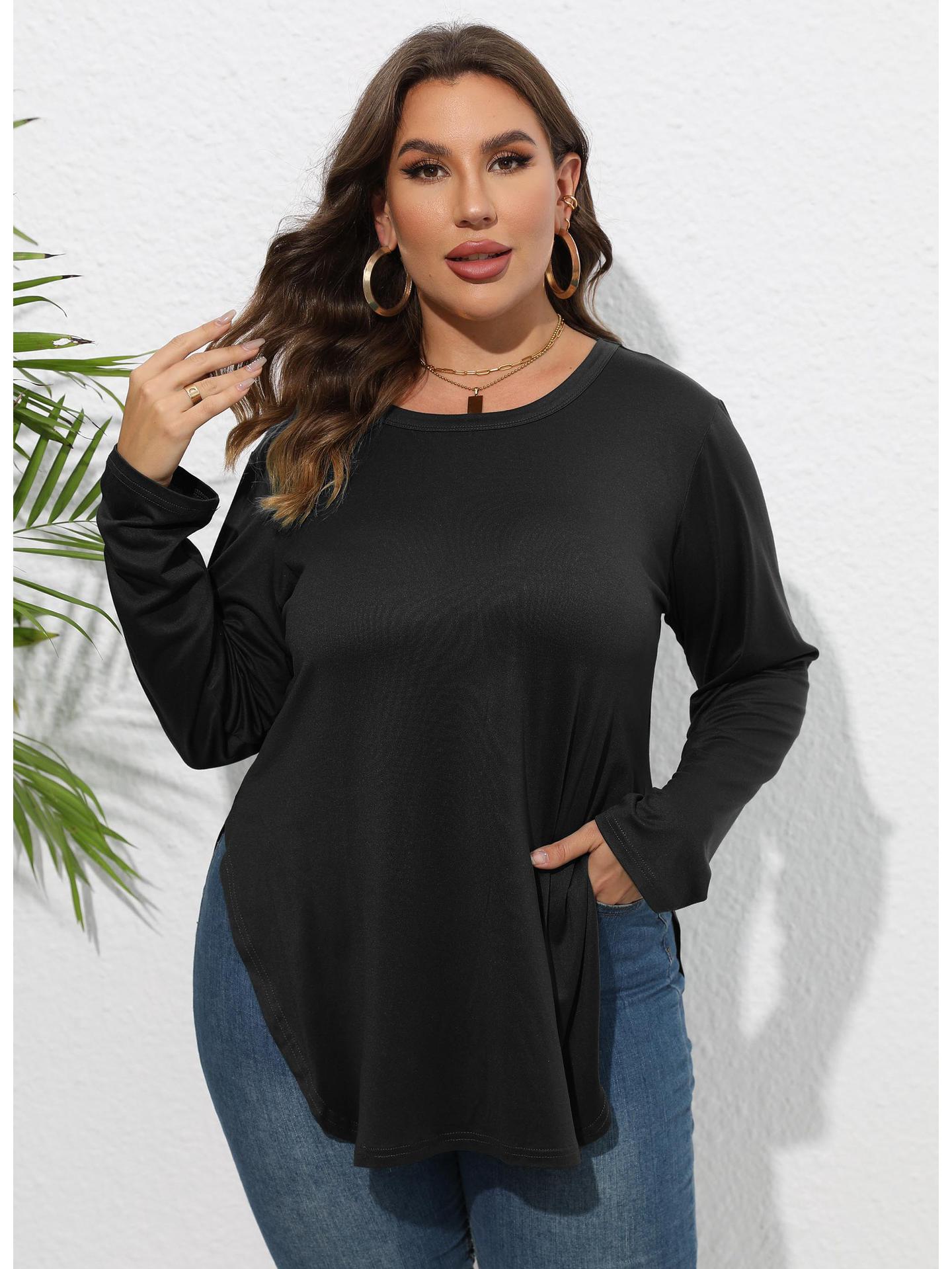 

Женская футболка больших размеров однотонная с длинным рукавом повседневная асимметричная для осени/зимы 1XL чёрный