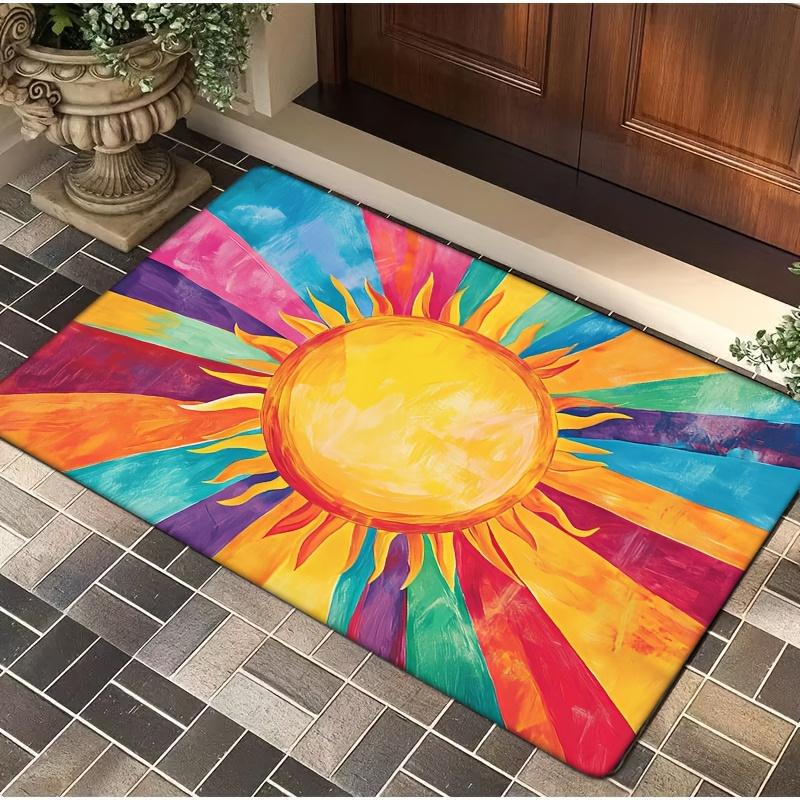 Bohemian Rainbow Sun Printed Floor Mat, Soft Rug for Entryway Bedroom Living Room, Vibrant Home Decor Carpet