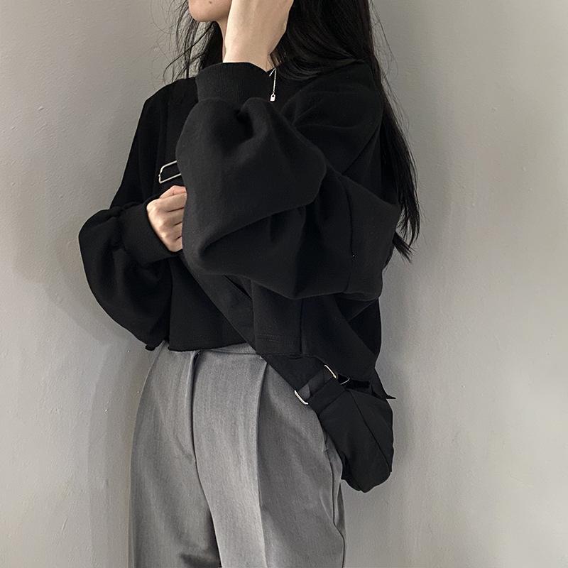 Cropped Hoodie Women Autumn Korean Solid Loose Crop Round Neck Womens Top