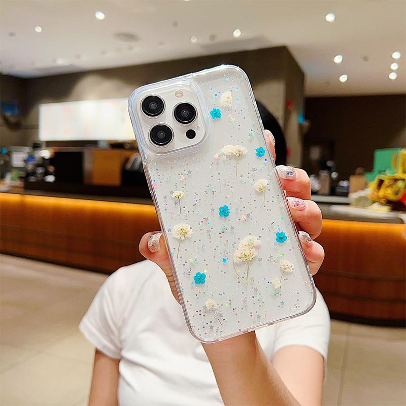 Real Flower Glue Phone Case for IPhone17promax Glitter for Apple 16pro Japanese Ins Small Fresh 15