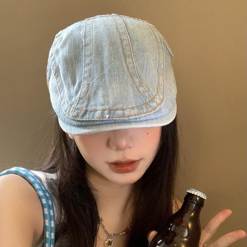 Washed denim forward hat women's spring and autumn retro face small beret wearing a big head circumference hat original style