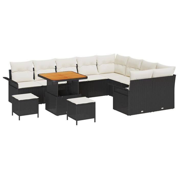Ensemble de Sofas de Jardin 12 Pièces avec Coussins Noir Poly Rattan Acacia, Sofa de Jardin 2 Places avec Rangement 3364120