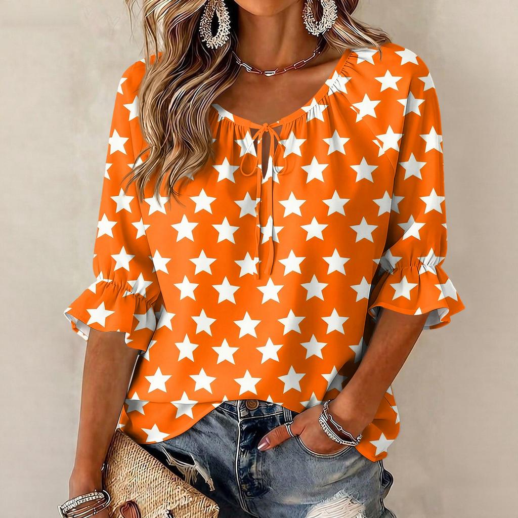 Women's Round Neck Three-Quarter Sleeve Blouse with Star Print and Ruffle Hem Tie