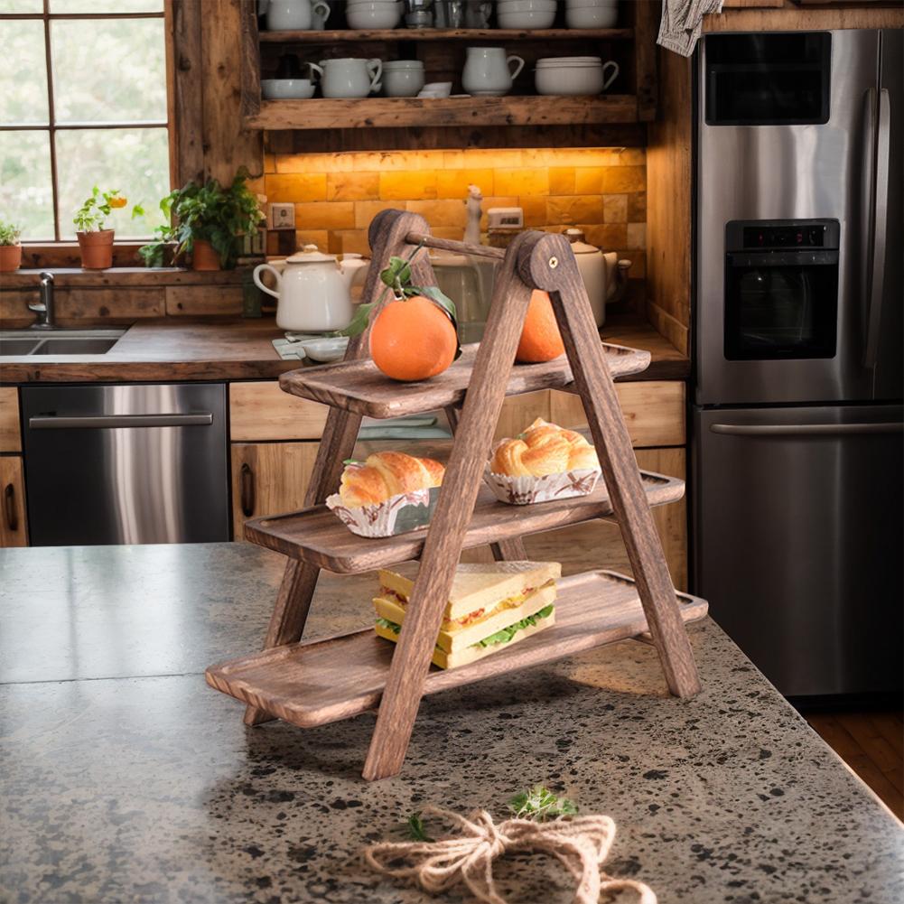 2 pièces Présentoir à cupcakes à trois niveaux Plateau de service rectangulaire Plateau de service multifonction Plateau de service à étages en bois Service de fête Marron De