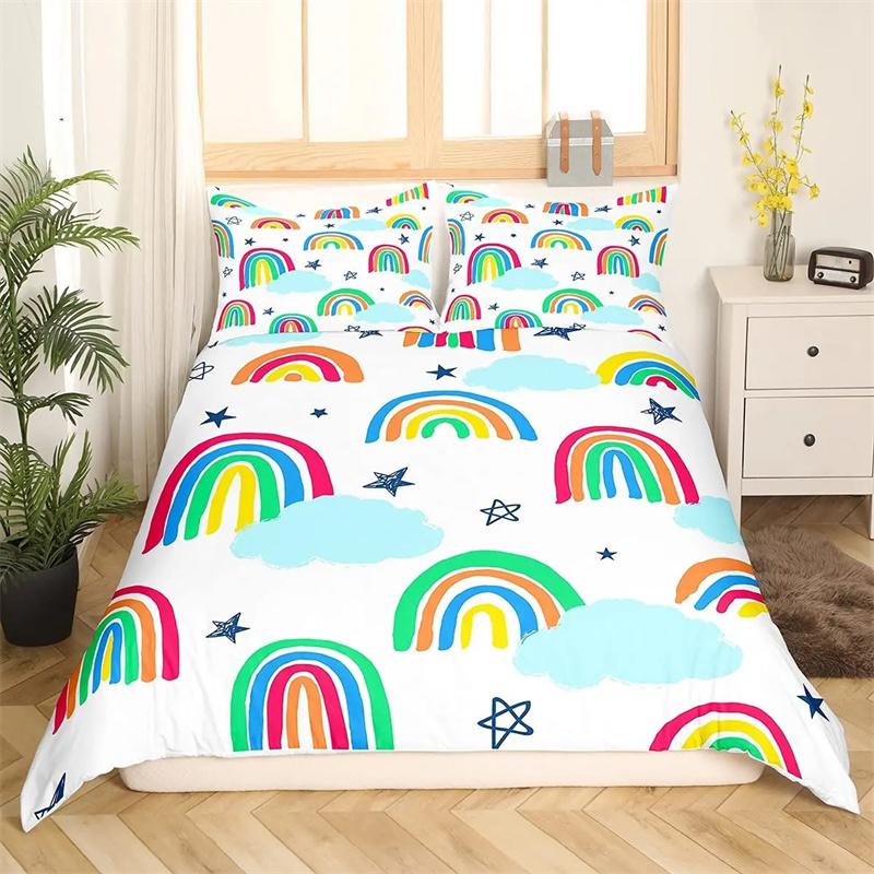 Cartoon Rainbow King Queen Duvet Cover Kids Girls Colorful Clouds Bedding Collection Love Heart Comforter Cover Polyester Quilt Cover