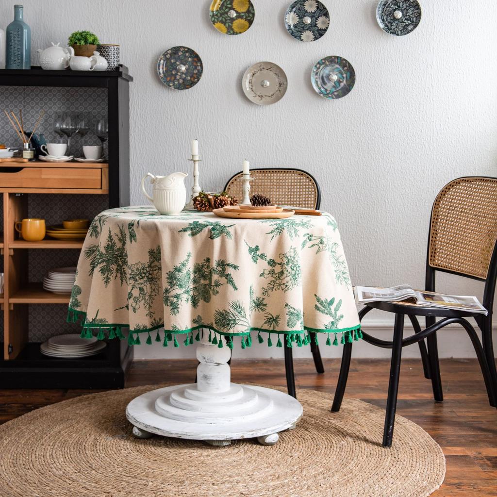 Tablecloth Green Pine Branch Printed Dining Table Cloth Korean Cotton and Linen Coffee Table Cloth Round