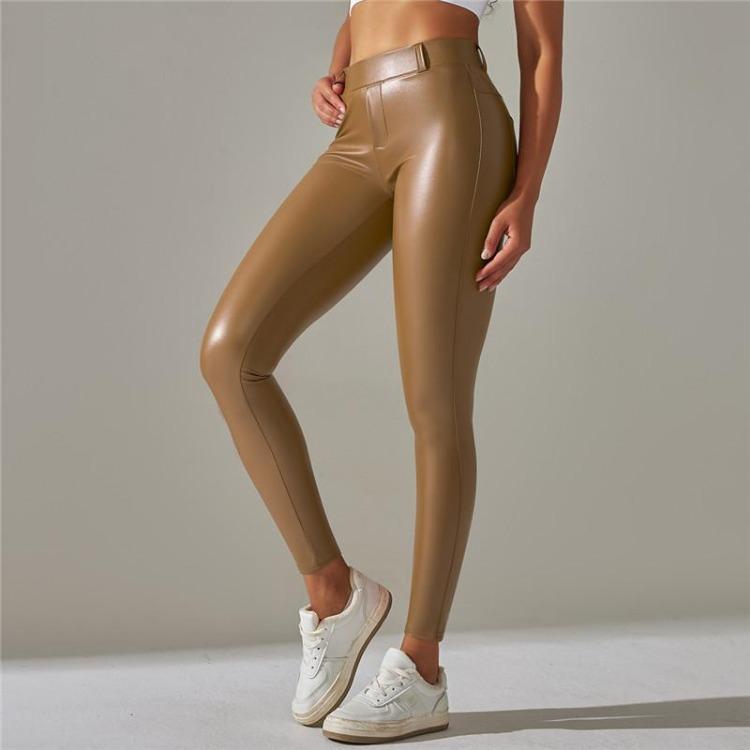Pantalon de Yoga d'Hiver Chaud en Cuir PU Couleur Unie Leggings de Gym avec Poches Vêtements de Sport et de Fitness