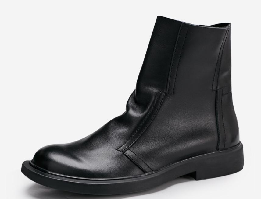 Classic Genuine Leather Autumn Winter Plush High Top Zip Chelsea Motorcycle Black Ankle Boots Men'S Fashion Shoes