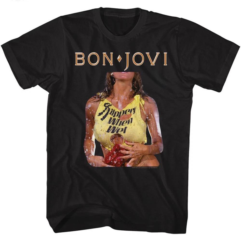 Bon Jovi - Slippery When Wet Black Cotton T Shirt Full Size S-5XL Unisex T-Shirt XXXXL