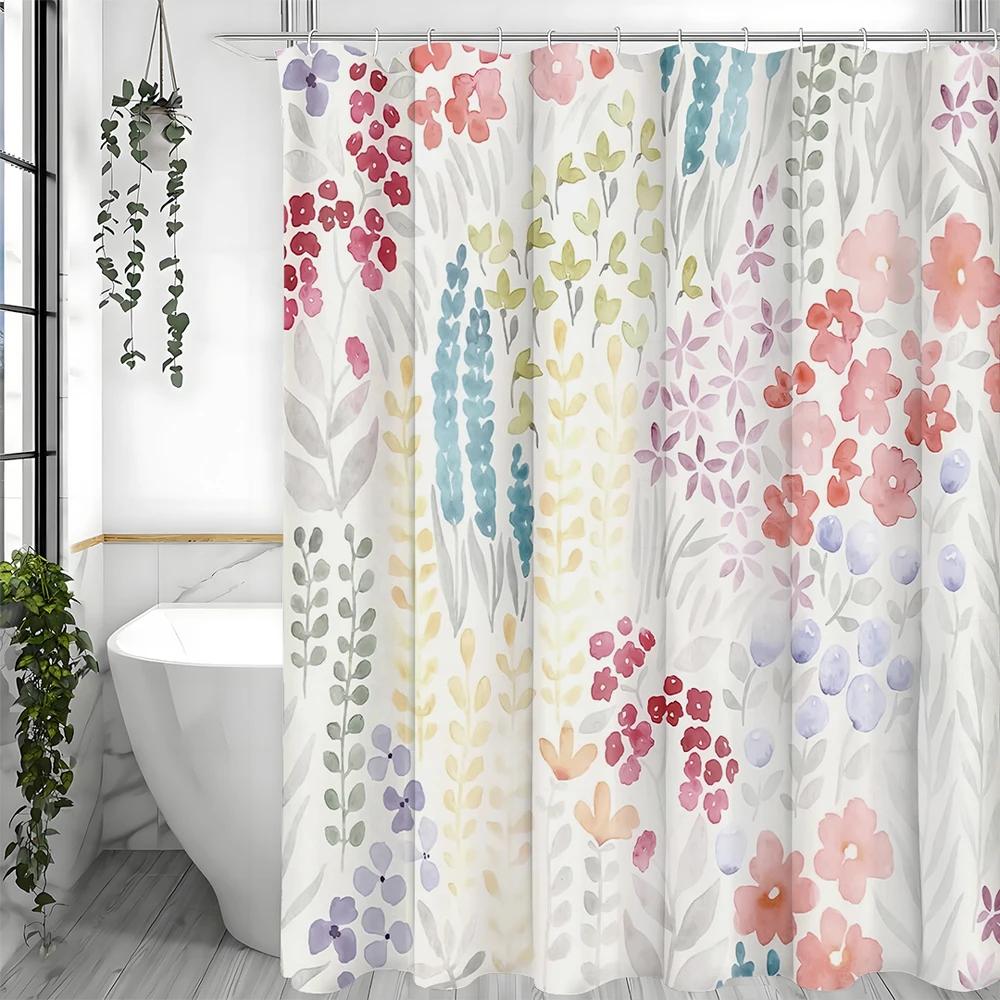 Colorful Flower Pretty Wildflower Watercolor Shower Curtain, Bathroom Decorative Shower Curtain, Waterproof Shower Curtain with W90xH180cm