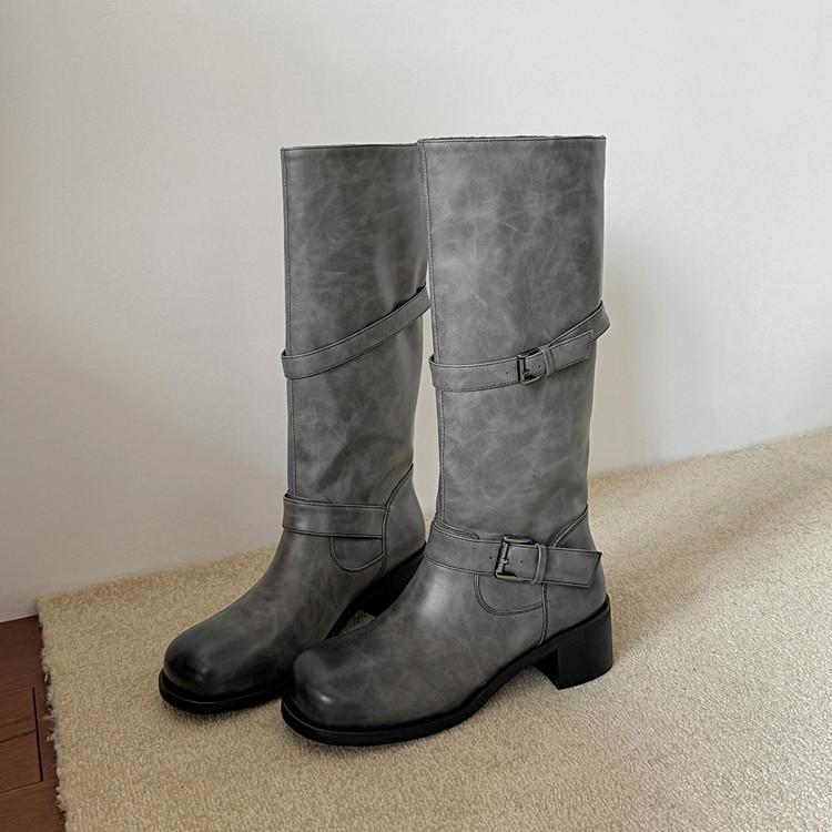 2025 Autumn and Winter Long Legs~! Round Head Thick Heel Thin Knight Boots Belt Buckle Fried Street Wide Tube Boots Women