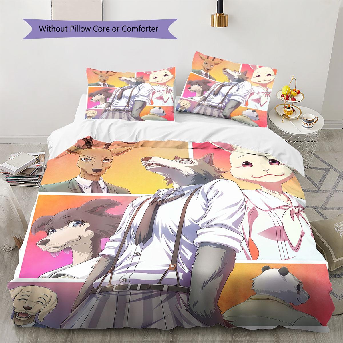 Beastars Muster Bettwäsche Steppdecke Set Bettbezug Kissenbezug Heimdekoration Geburtstagsgeschenk (1 Bettbezug + 2 Kissenbezüge, ohne Füllung) 135x200cm