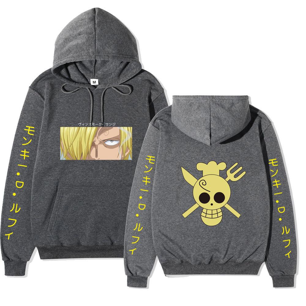 One Piece Sanji Hoodie, Chef Pirate Skull Logo Japanese Letter Sleeve Print Pullover Sweatshirt Unisex Streetwear