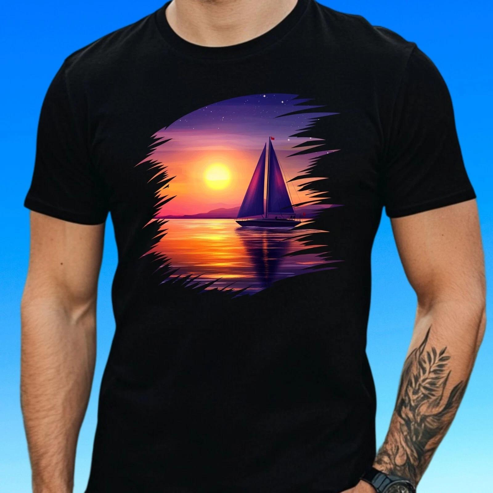 T-Shirt Herren Segelboot Sonnenuntergang Motiv Baumwolle Größe S bis 5XL S