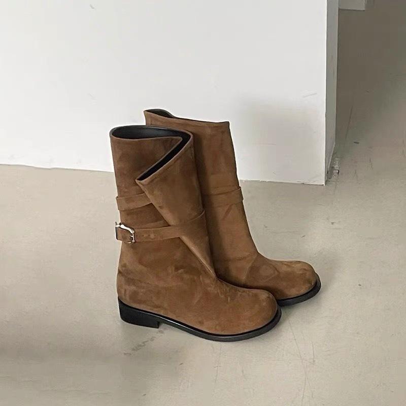 Korean Niche Folding Wide Tube Medium Boots Western Cowboy Boots Women's Autumn and Winter Thick Heel Round Head Belt Buckle Martin Boots